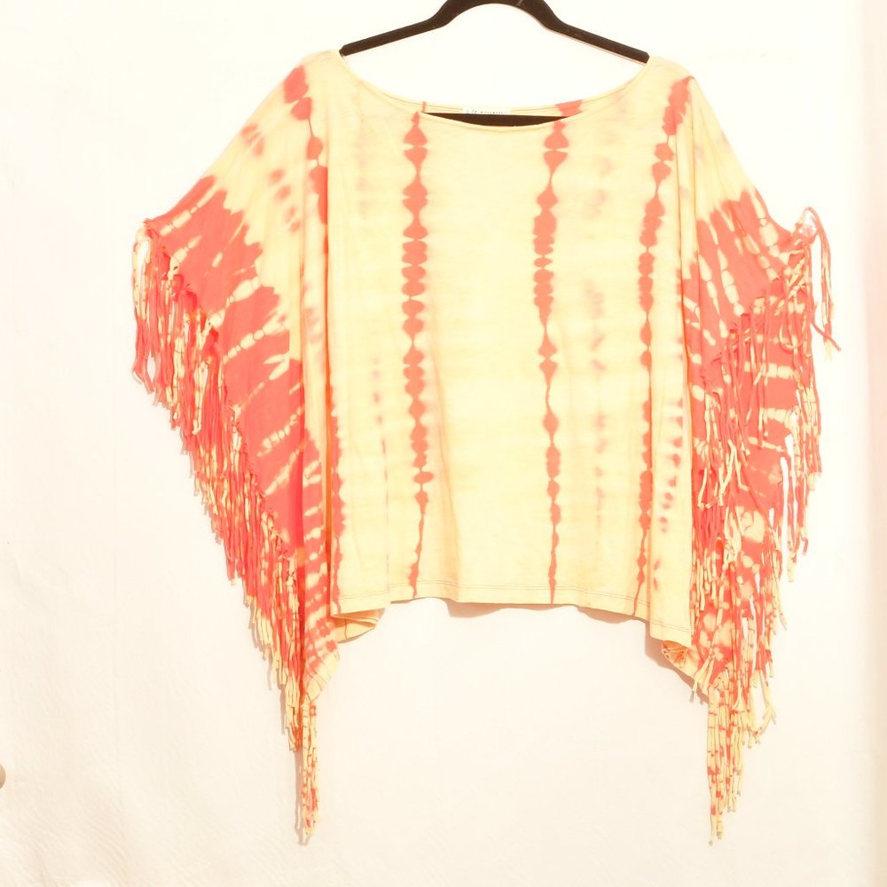 Free People Tie-Dye Fringe Short Sleeve Top in Coral and Cream